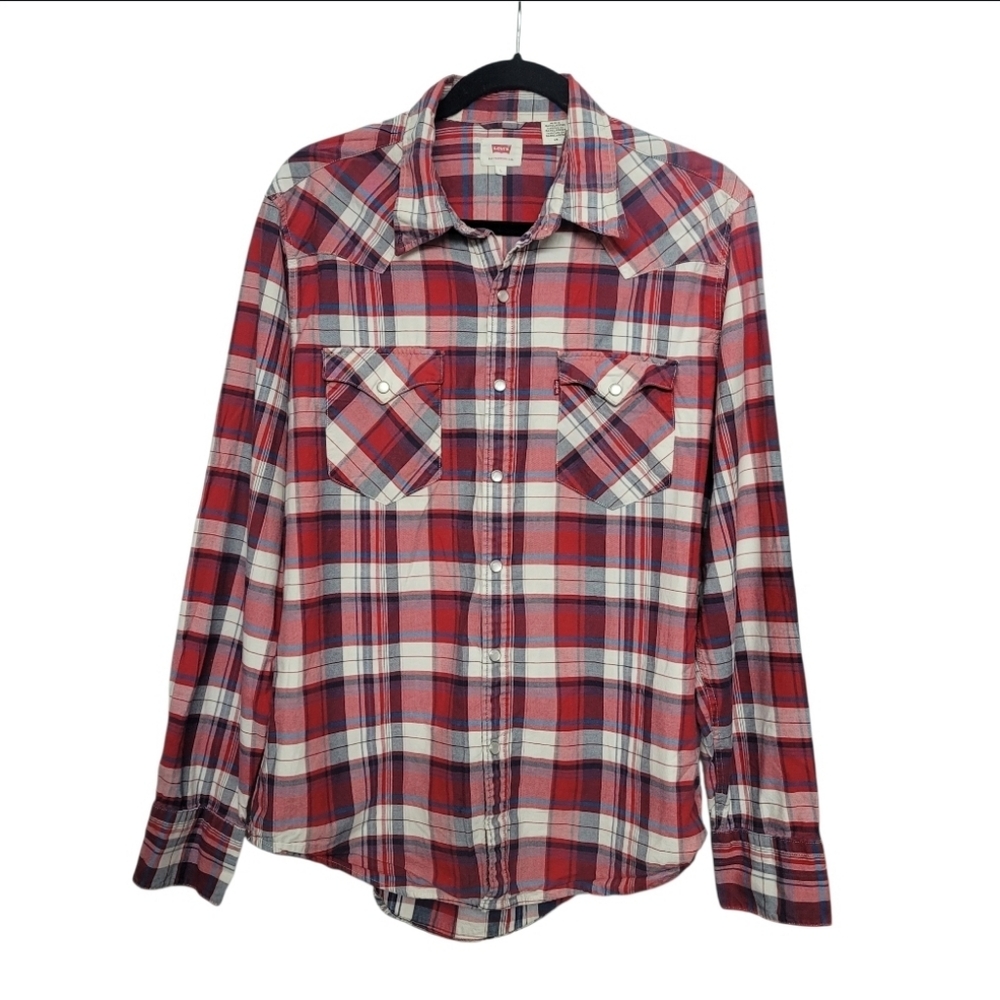 Vintage Levi's Barstow Western Red Blue White Plaid Casual Pearl Snap Buttons